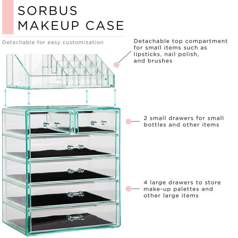 Sorbus Acrylic Makeup Organizer Set, 6-Drawer Vanity & Countertop Cosmetic Storage with Small & Wide Compartments, Teal Thrill Makeup Storage for Brushes, Jewelry â€“ Holiday Gift for Women & Teens - Image 2